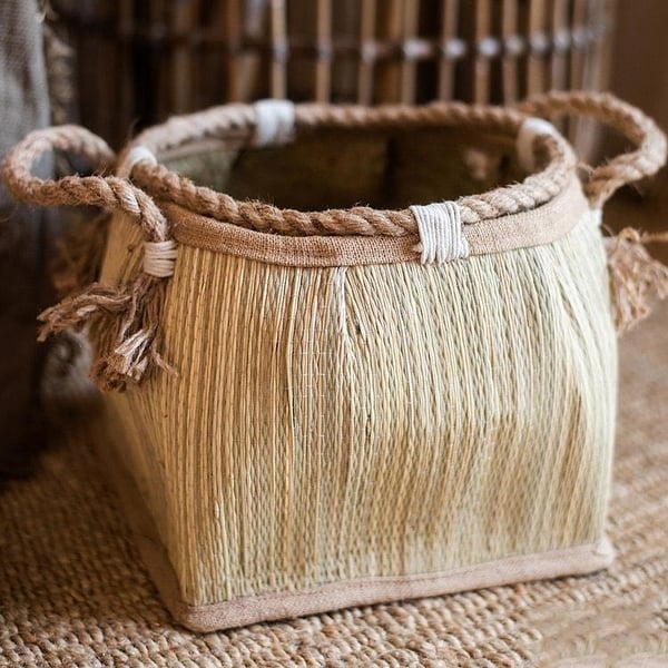 RusticReach Straw Organizer Basket with Hemp Rope