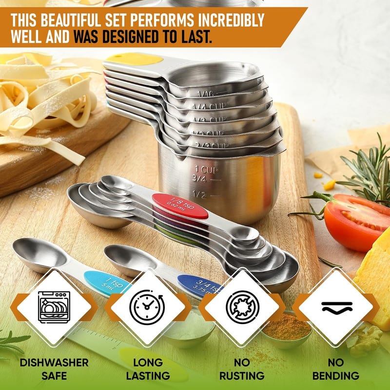 Magnetic Measuring Cups & Spoons Set, Strong Magnets, Set of 15 - Set of 15