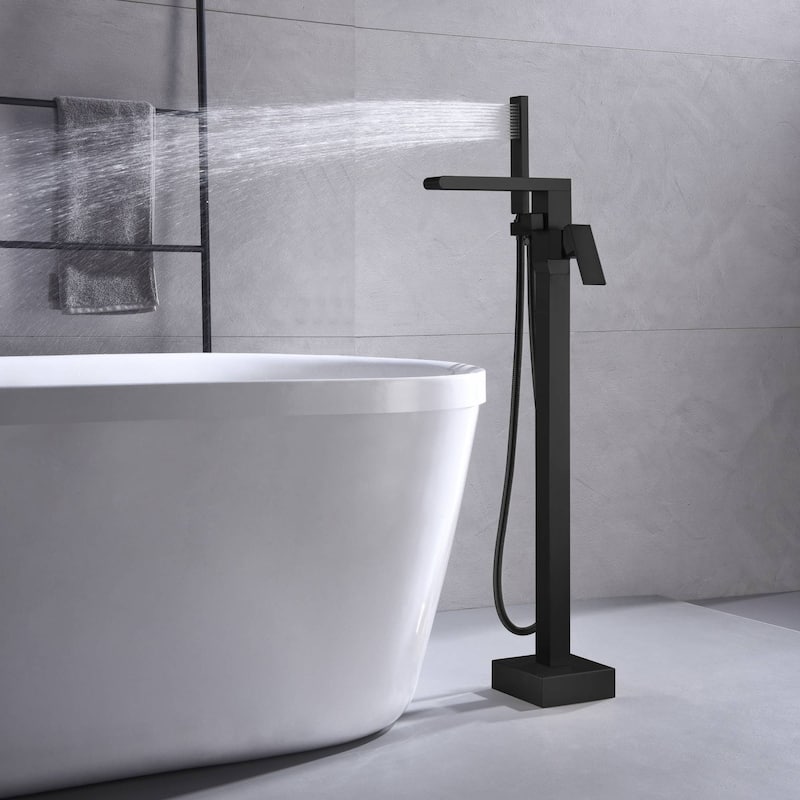 Waterfall Matte Black Freestanding pressure Balance Single Handle Bathtub Faucet with Handheld Sprayer - 9'6" x 13'6"