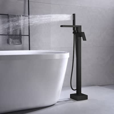 Waterfall Matte Black Freestanding pressure Balance Single Handle Bathtub Faucet with Handheld Sprayer - 9'6" x 13'6"