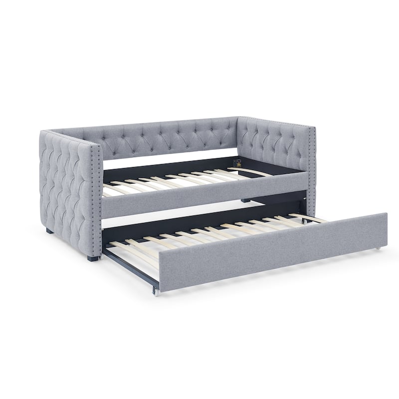 Trundle Upholstered Tufted Sofa Bed,with Button and Copper Nail on Square Arms,both Twin Size
