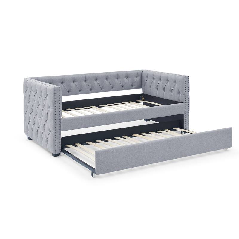 Tufted Daybed Upholstered Frame Sofa Bed with Button Copper Nail on Square Arms, and Pull-out Trundle Bed or Storage Drawers