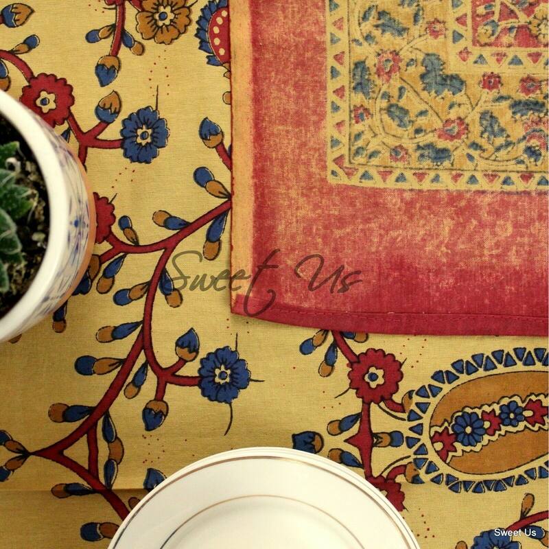 Cotton Block Print Paisley Floral Tablecloth Rectangle