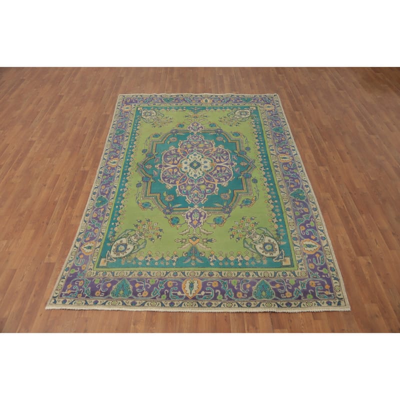 Hand Knotted Oriental 100% Wool Carpet Traditional Medallion Green Tabriz Area Rug - 9' 3'' X 6' 3''