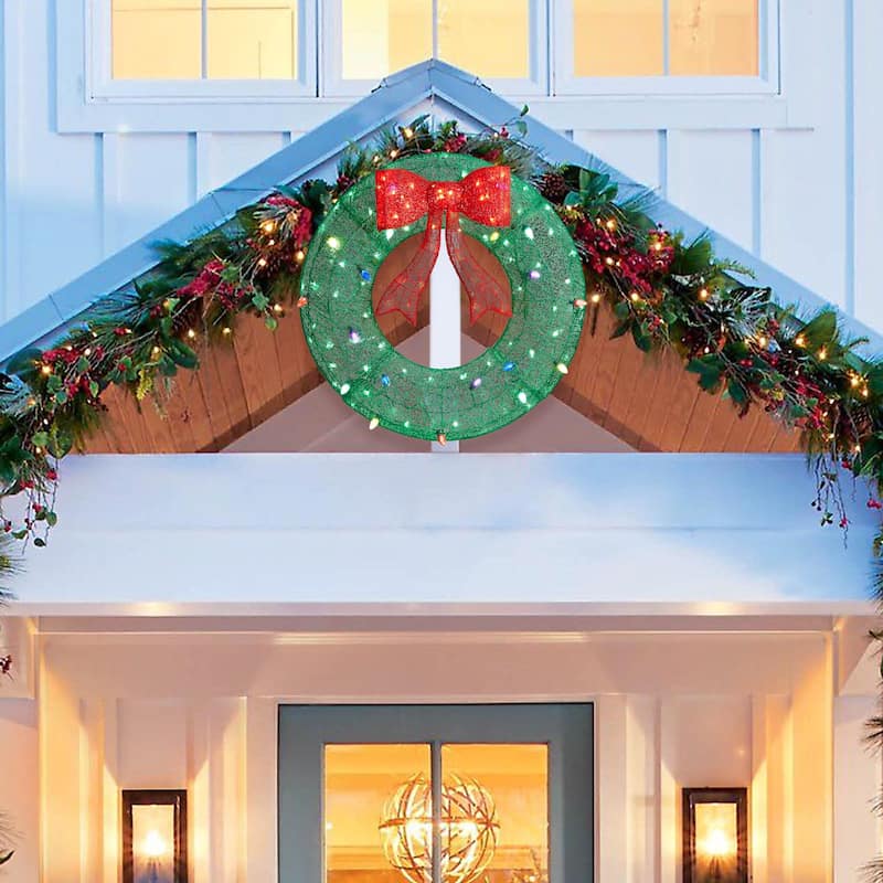 Glitzhome 35"H Lighted Christmas 3D Mesh Wreath Decor with 130 LED Lights - 3D Mesh Wreath