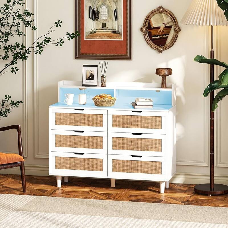 6 Drawer Dresser, Rattan Wood Chest of Drawers , Storage Cabinet Sideboard Console Table - White - 6-drawer