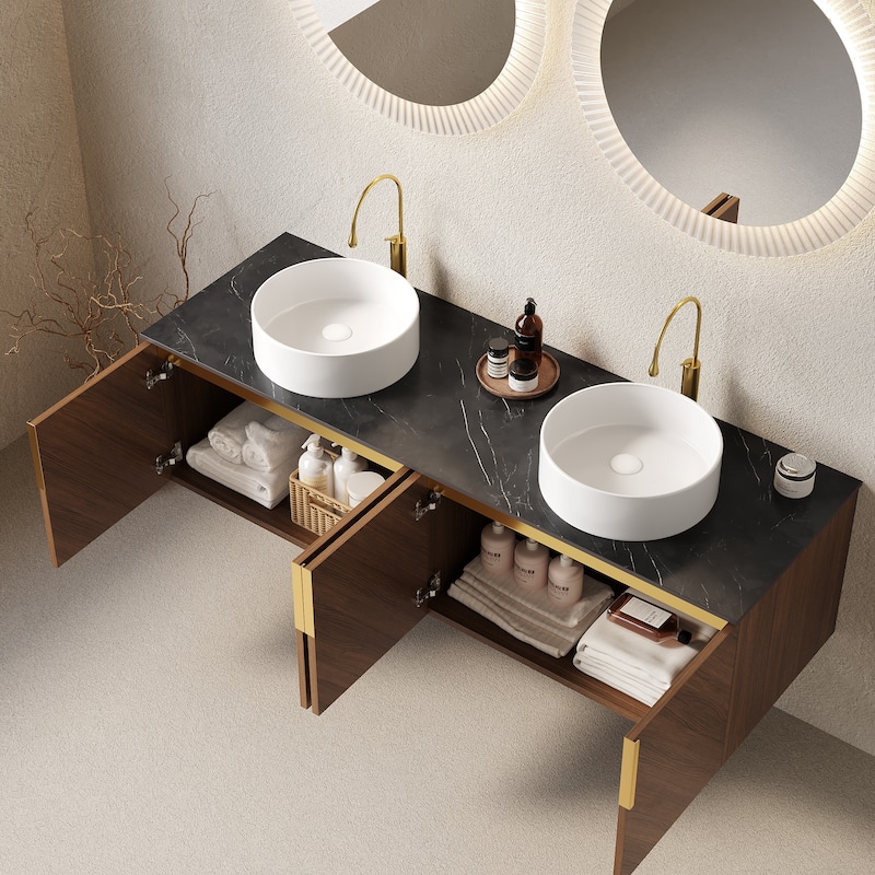 Brown Oak Grain Finish Cabinet with Diagonal Design and White Round Basin, Wall Floating Storage Cabinet with Soft Close System