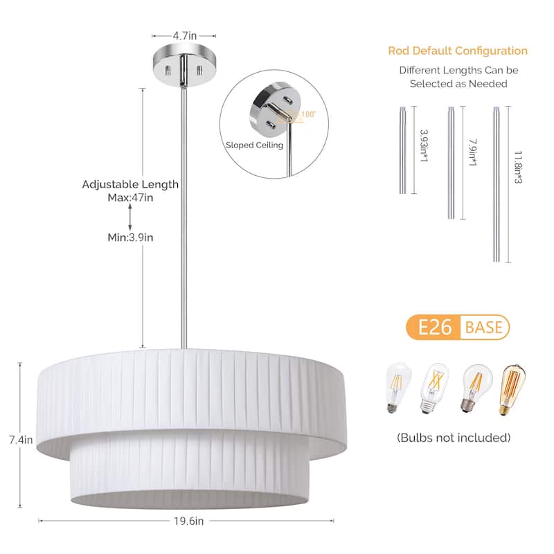 Modern 3-Light Drum Chandelier Fabric Shade Ceiling Hanging Pendant