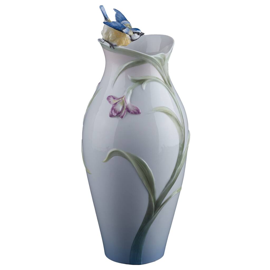 Charis 13.19" height Orchid & Blue Tit Vase multicolor Fine Porcelain