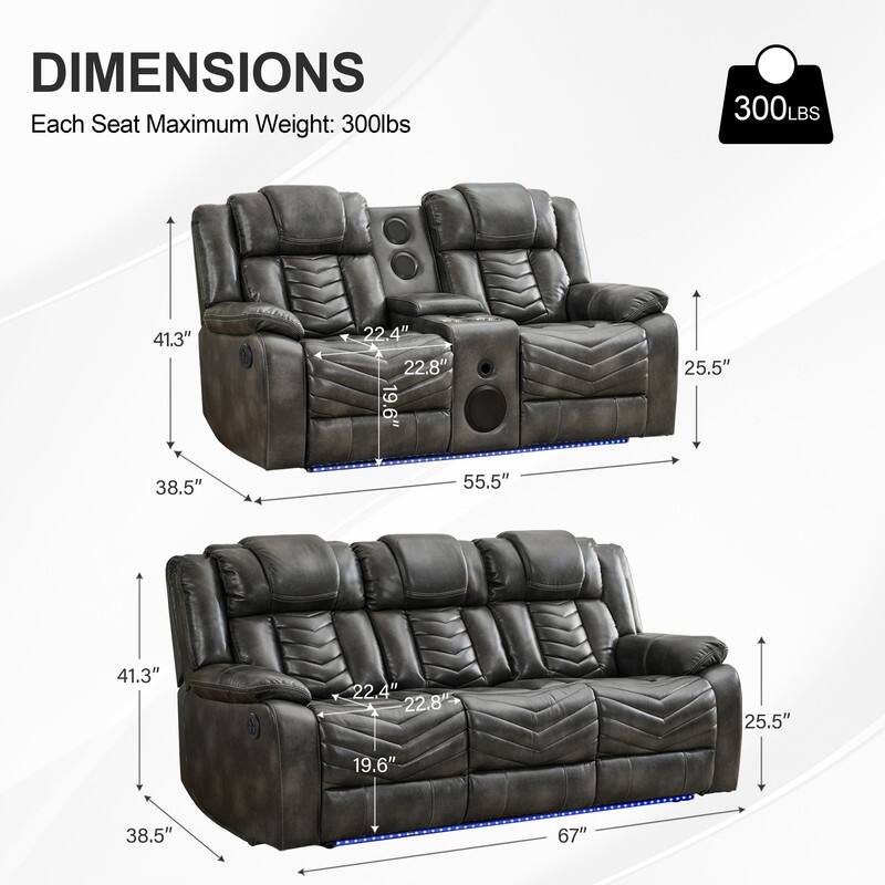 Power Recliner Sofa Set 6-Seater with Zero Gravity,Bass Speaker,Wireless Charger,USB/Type-C Ports,LED Lights,Cup Holders,Gray