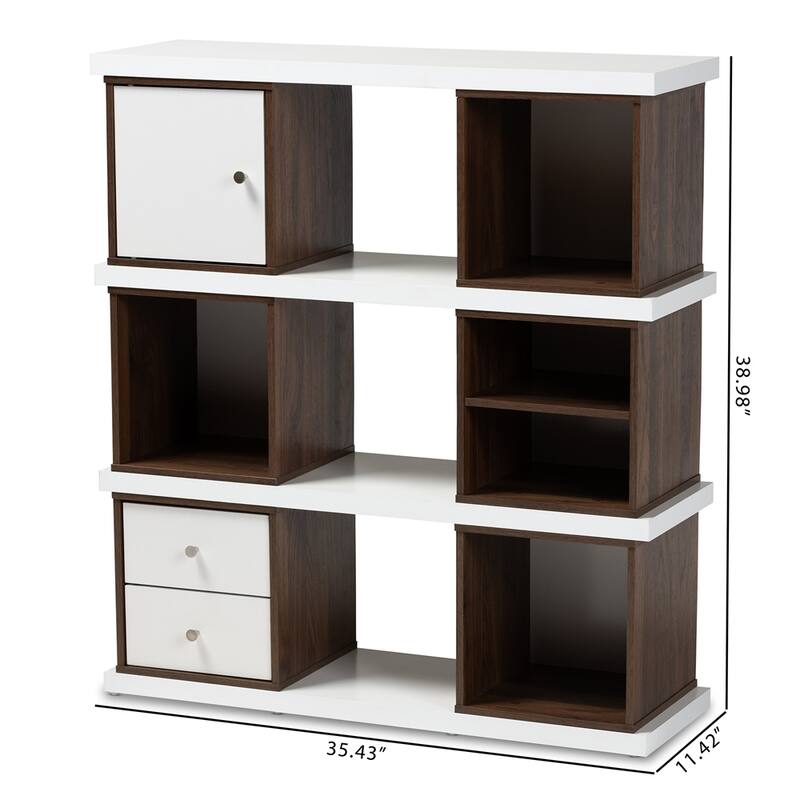 Rune Modern and Contemporary Two-Tone White and Walnut Brown Finished 2-Drawer Bookcase - 39.06"H x 35.43"W x 11.34"D