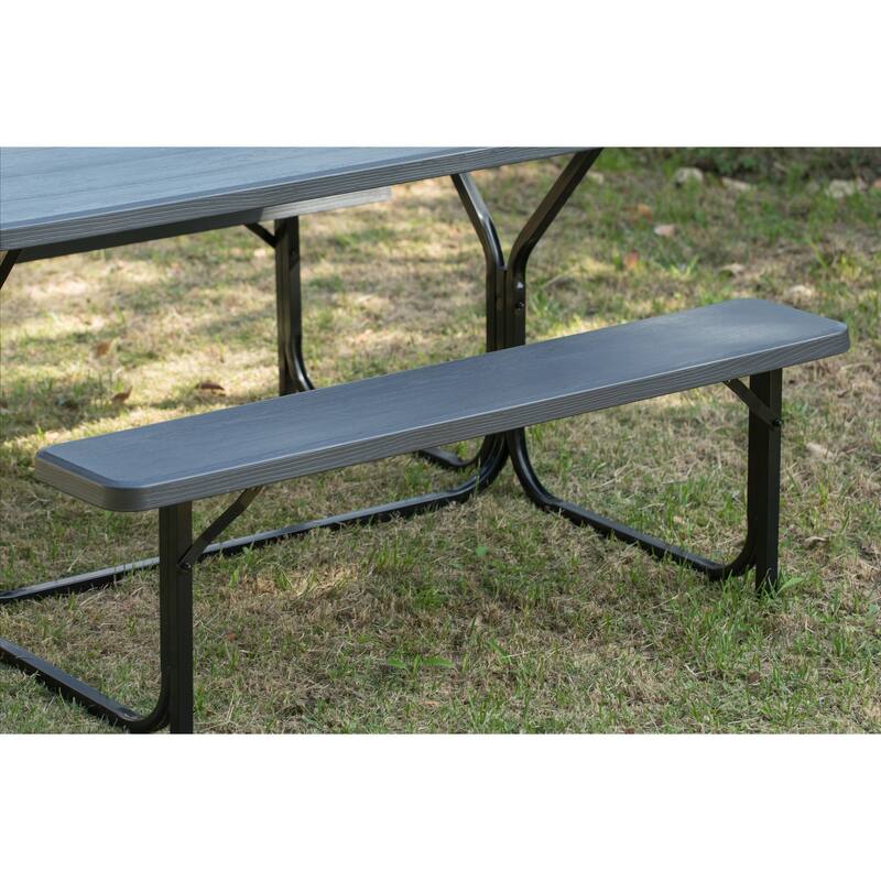 Outdoor Woodgrain Picnic Table Set with Metal Frame, Gray