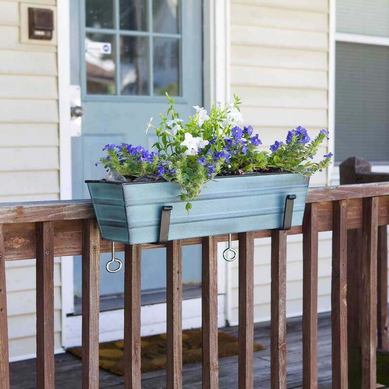 Achla Designs 22" W Rectangle Galvanized Steel Flower Box w/ Black Wrought Iron Clamp-On Brackets, Planter