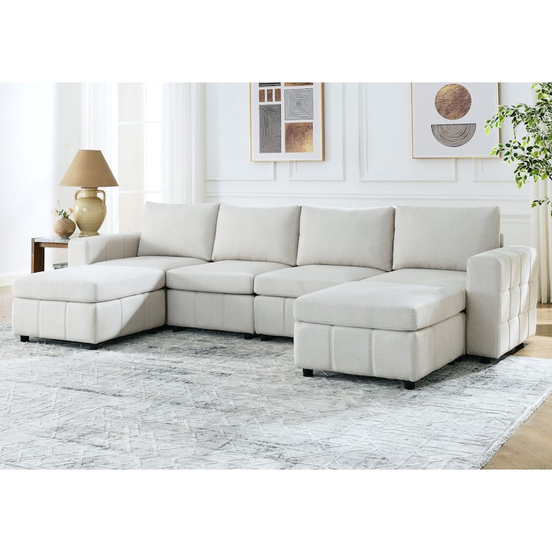 U Shape 4 Seat Couch Set Fabric Upholstered Sofa Set W  Ottoman%2C Beige ?imwidth=714&impolicy=medium