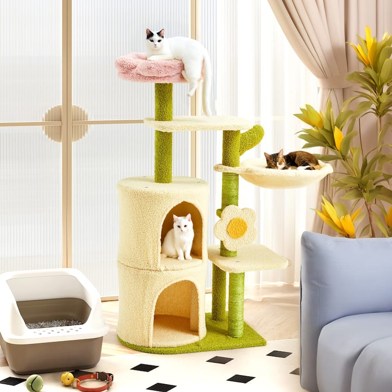 Flower Cat Tree Tower, Multi-Level Furniture with Scratching Post, House, and Bed for Small to Medium Cats