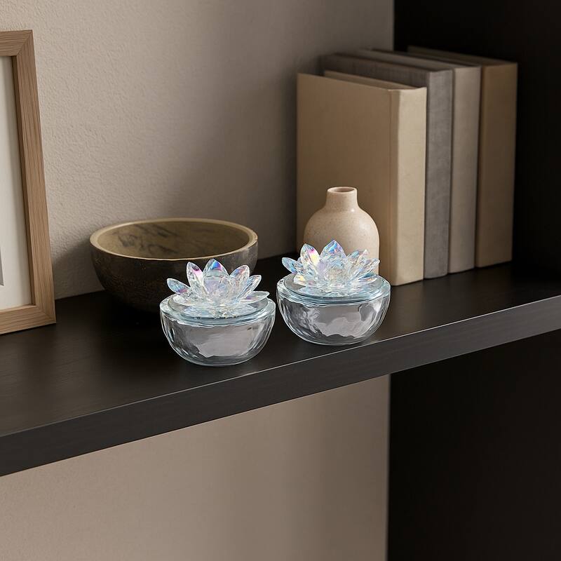 Decorative Round Glass Box with Lotus Top - Set of 2, 4"