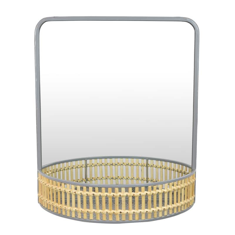 Elpis Wall Mirror Decor with Woven Shelf, 20 Inch Tall, Gray Metal