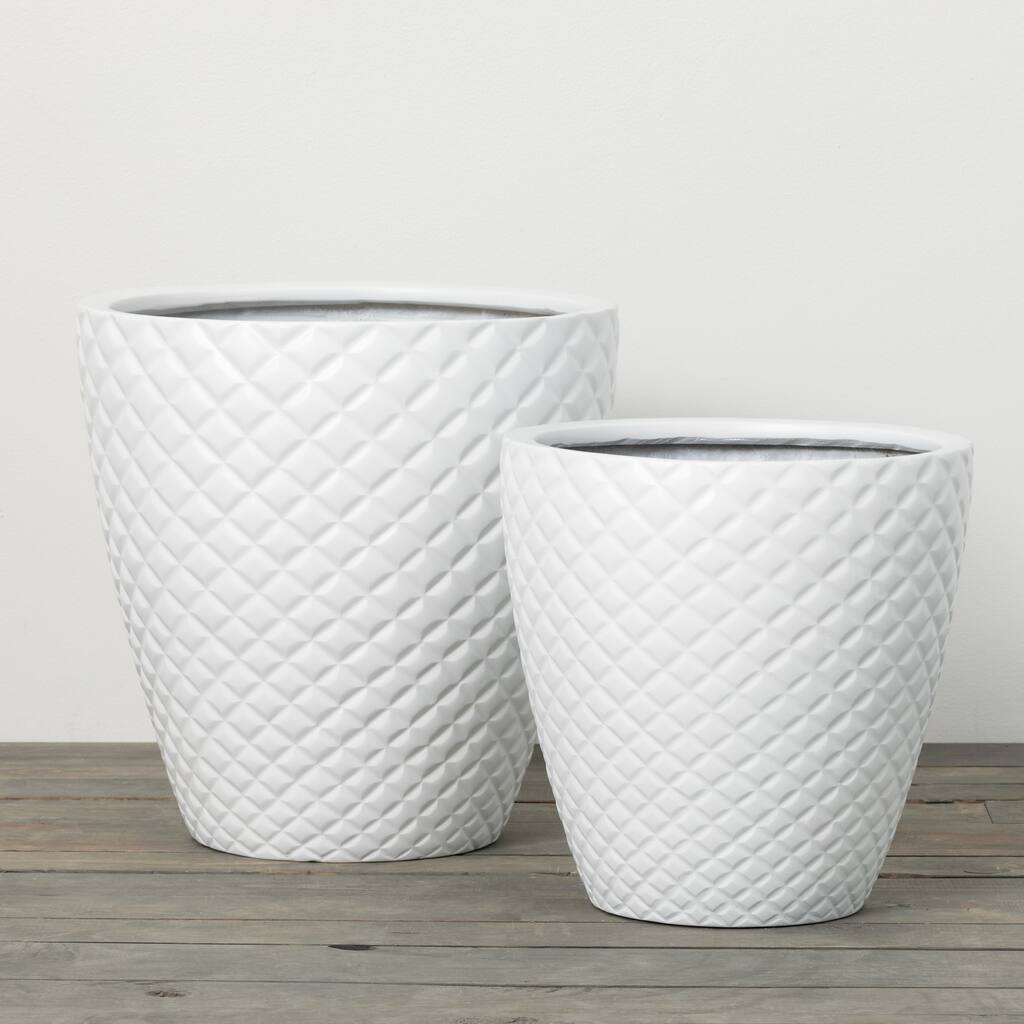 16"H Sullivans Fluted Diamond White Planters Set of 2, White - 15.75"L x 15.75"W x 16"H, 12.75"L x 12.75"W x 13"H
