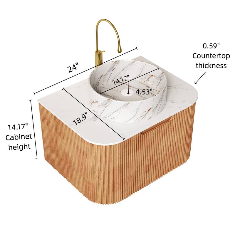 24" Bathroom Vanity, Floating Curved Edges Striped Storage Cabinet with Drawer, Glossy Stone White Round Ceramic Basin