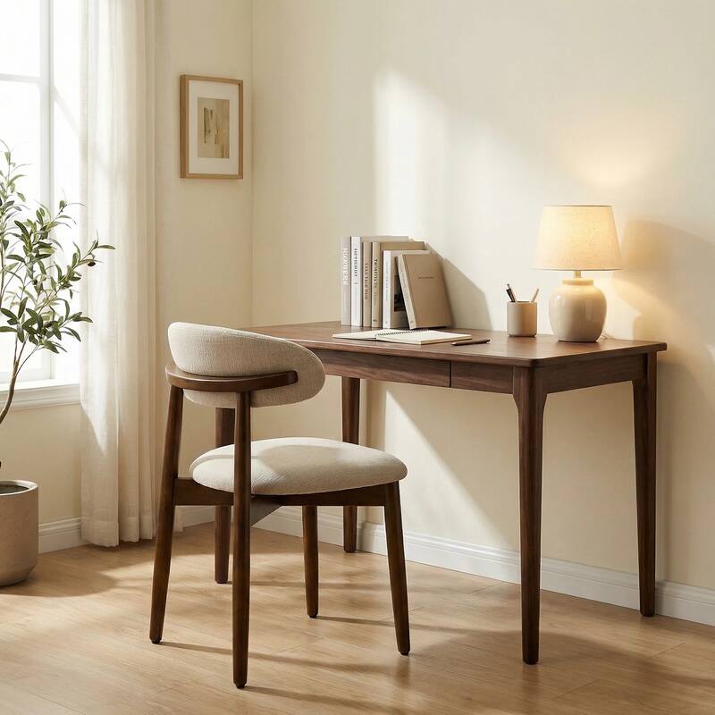 Wooden Dining Chairs Set of 2, Modern Fabric Upholstered Dining Room Chair with Curved Back, with Adjustable Foot Pads