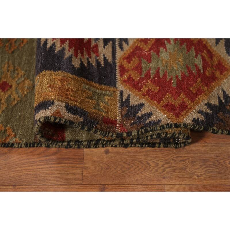 Green & Blue Geometric Kilim Oriental Area Rug Hand-Woven Wool Carpet - 7'8"x 9'10"