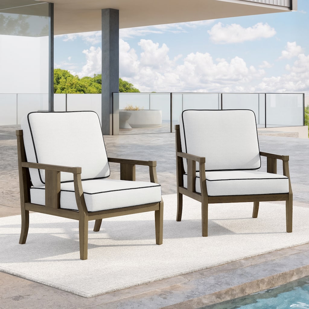 Set of 2 Outdoor Teak Wood Armchairs with Cushions, Patio Club Chairs