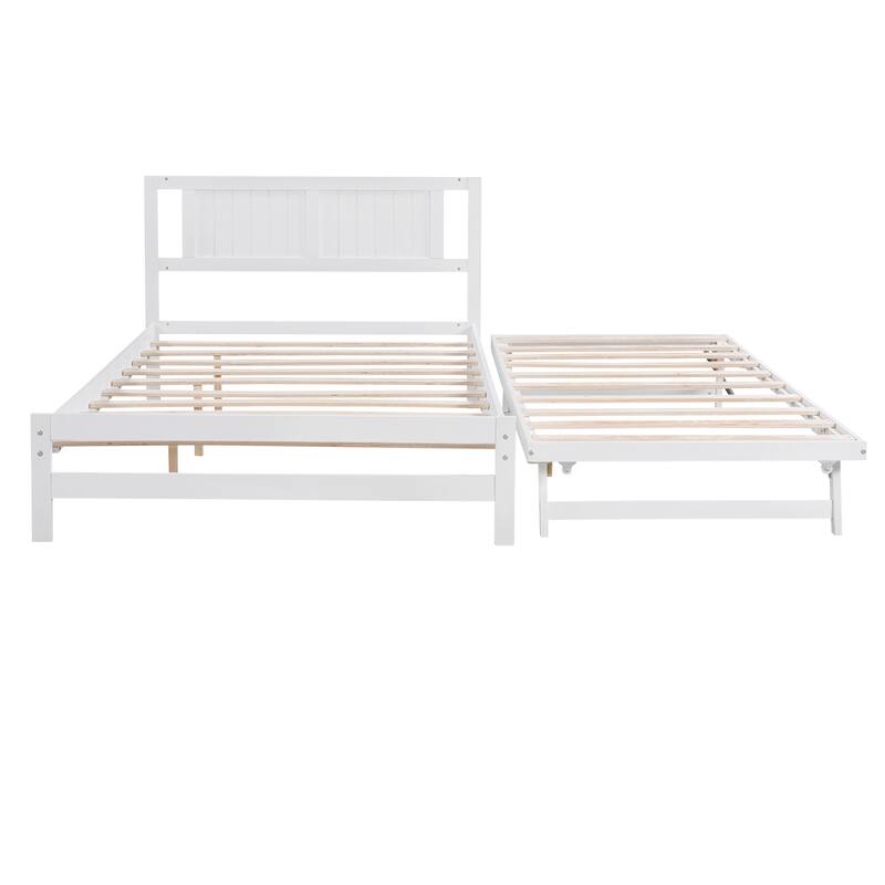 Adjustable Trundle Full Size Platform Bed - Pine Wood Frame with Stable Headboard, for Small Spaces or Guest Rooms