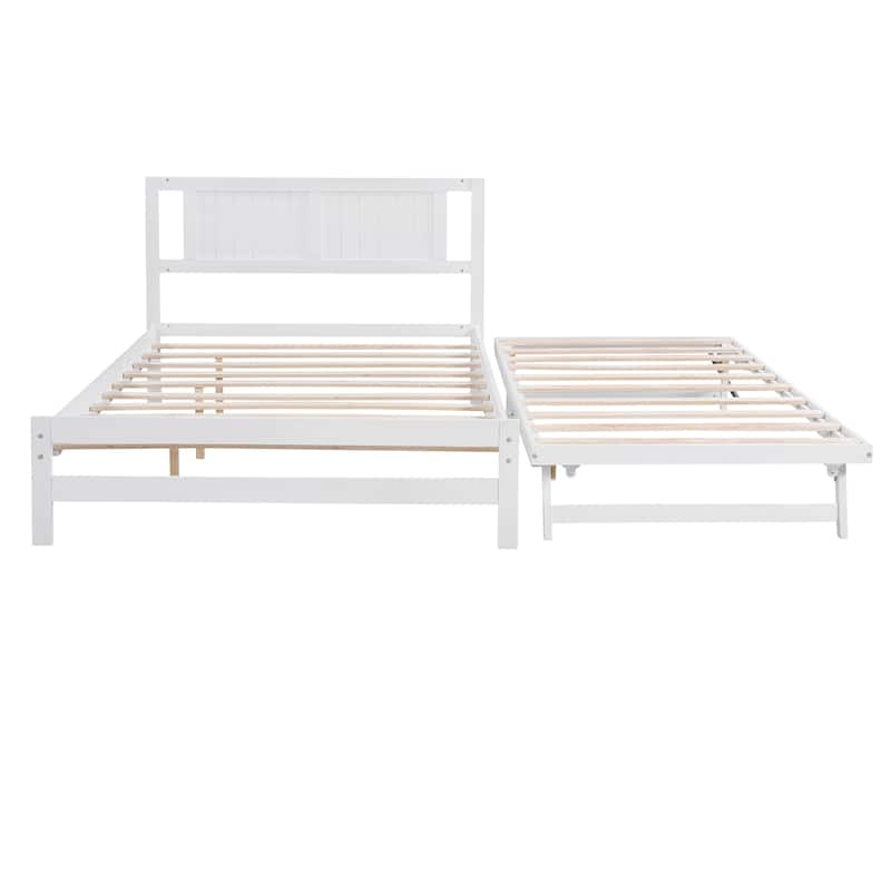 Full Size Platform Bed with Adjustable Trundle, Wooden Bed Frame