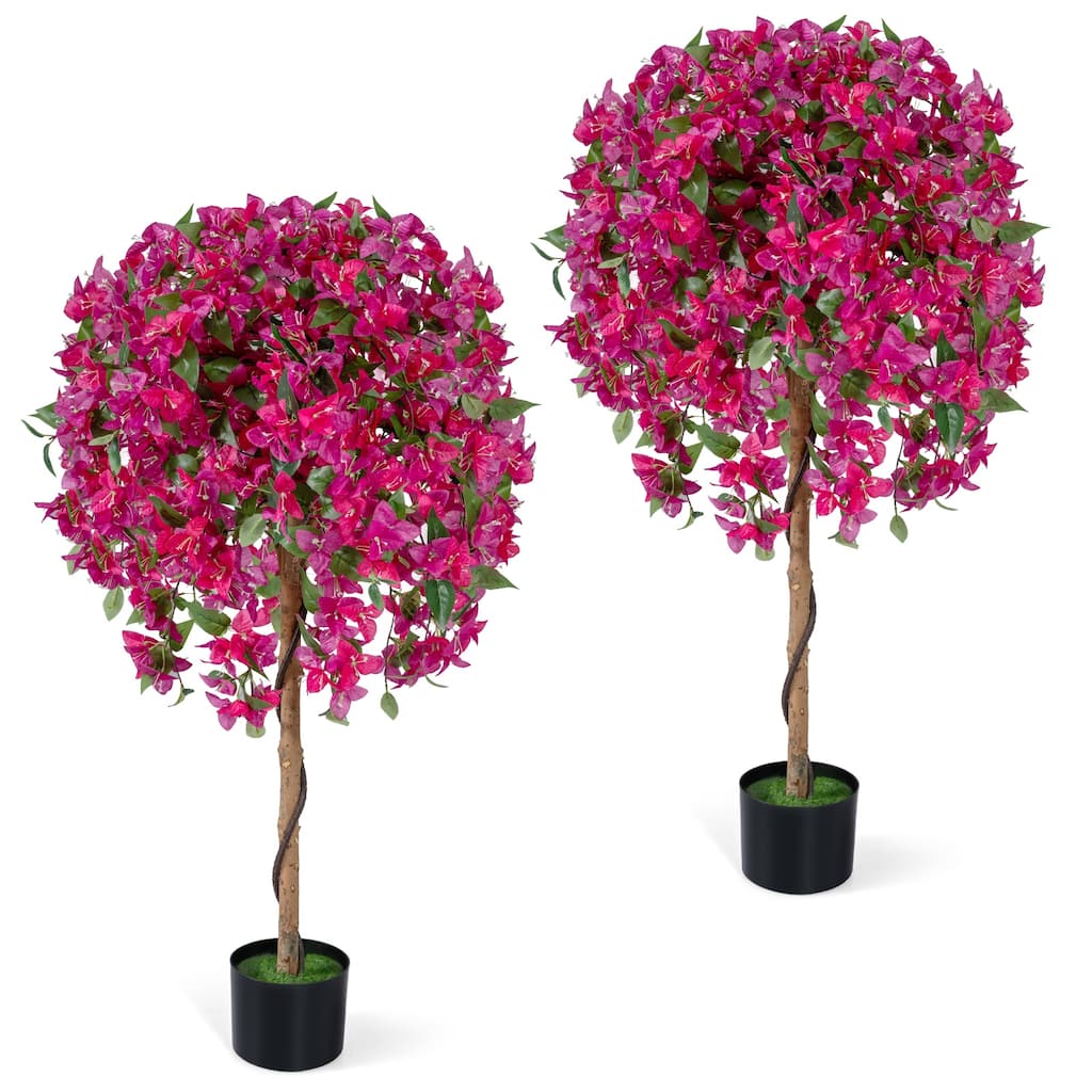 Gymax 2 Pack Artificial Azalea Trees51''Faux Floral Plants w/ Vivid - Green & Pink & Black