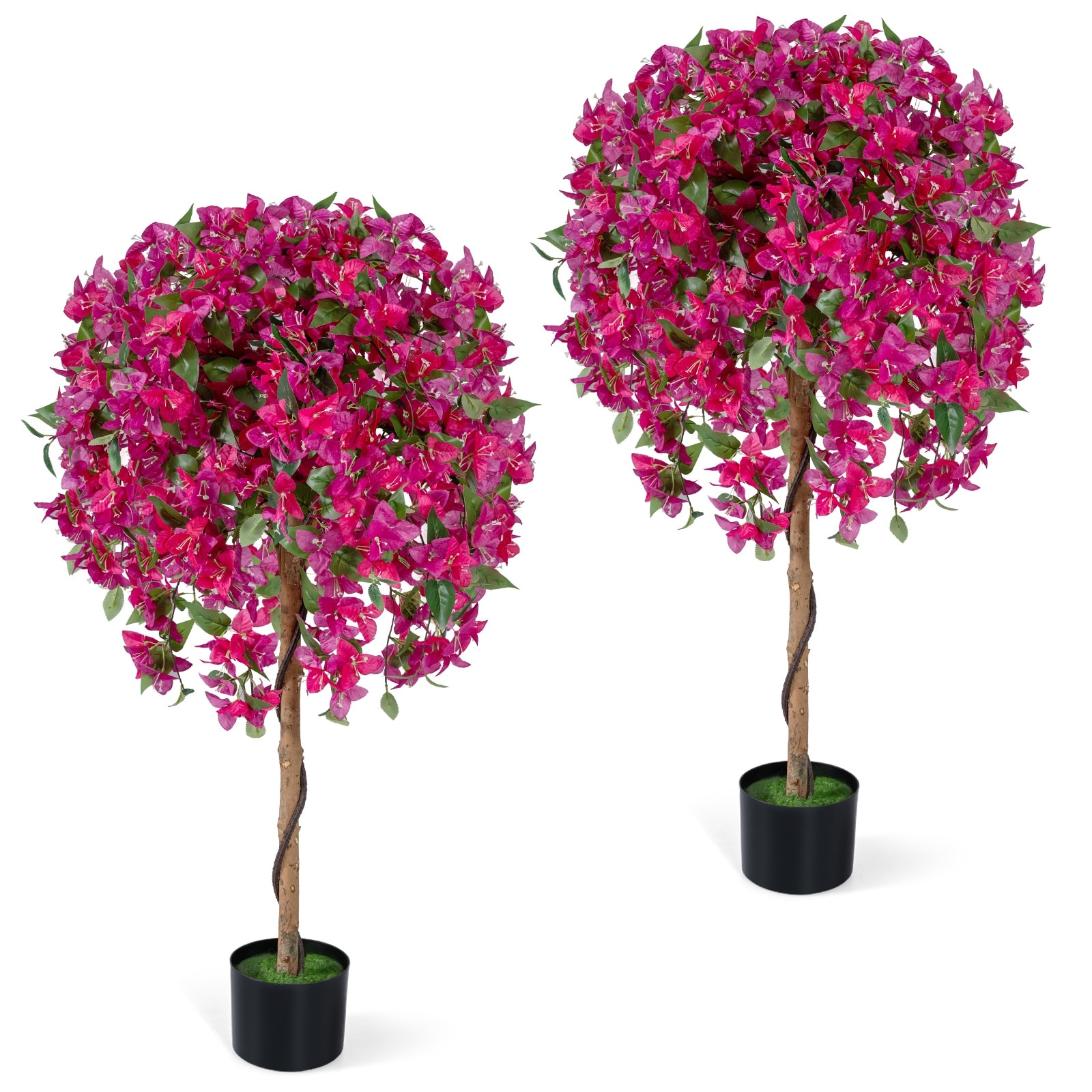 Gymax 2 Pack Artificial Azalea Trees51''Faux Floral Plants w/ Vivid - Green & Pink & Black