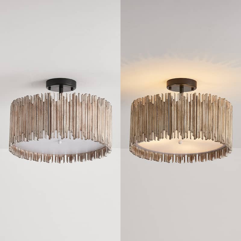 Distressed White 3-Light Wood Drum Semi-Flush Mount Ceiling Light