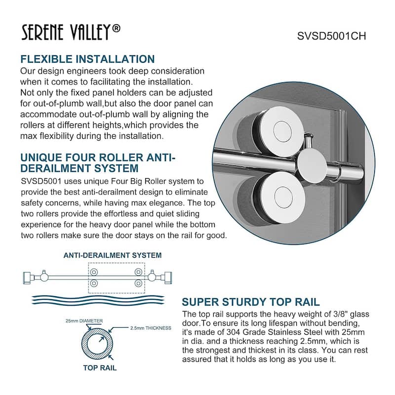 Serene Valley 60 x 74 Inch Big Roller Frameless Sliding Shower Door, Chrome - 160