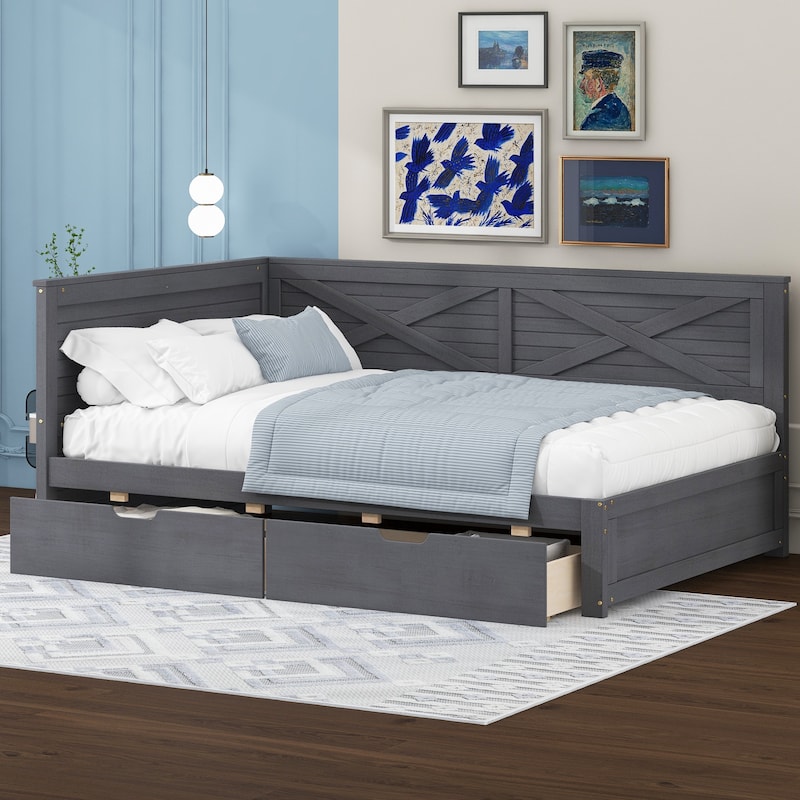 Grey Twin Size Wood Daybed with Two Drawers and Rustic Guardrail for Bedroom