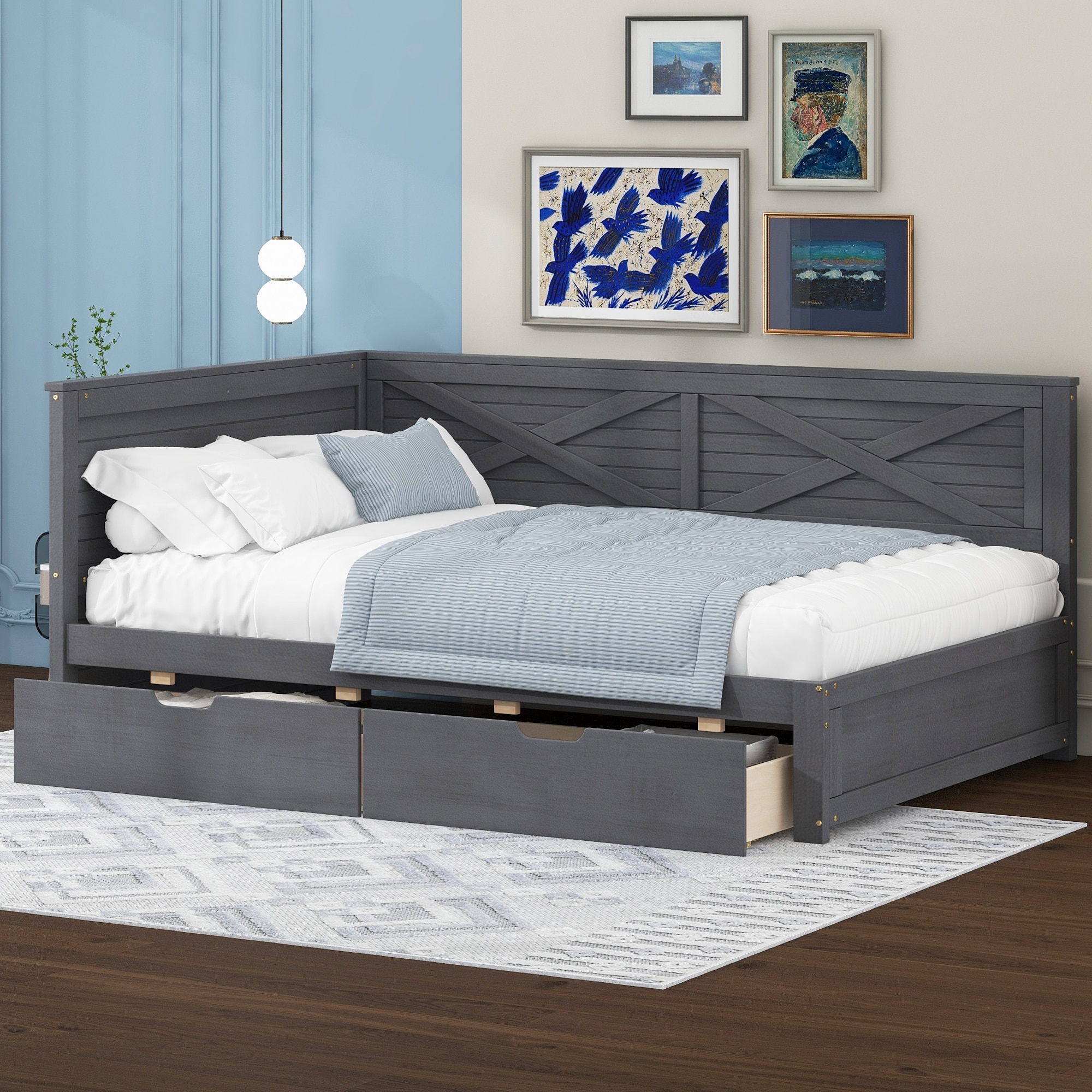 Twin Size Wood Daybed with 2 Drawers and Rustic Guardrail, Ancient Brown
