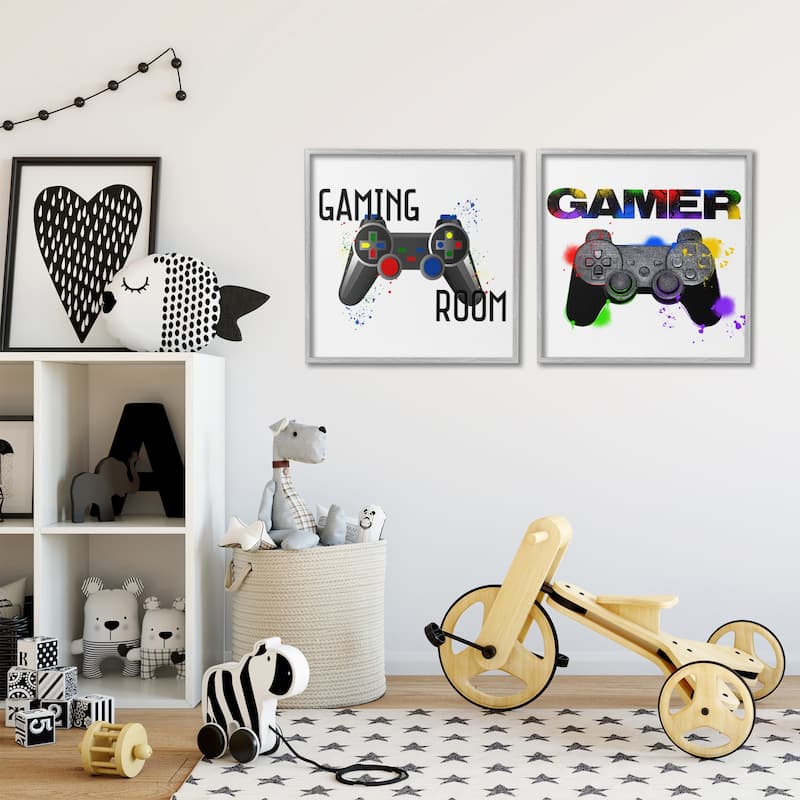 Stupell Retro Gaming Room Control Framed Giclee Art Design By Kim Allen, Marcus Prime (Set of 2)