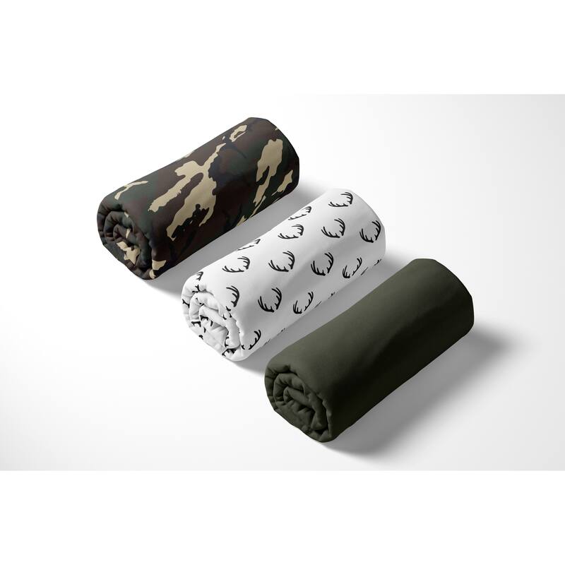 Sweet Jojo Designs Woodland Camo Deer Boy 3 Pack Fitted Crib Sheets - Solid Forest, Green Army Camouflage & White/Black Antler