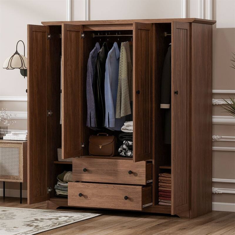 4-Door Armoire Closet with 2 Storage Drawers and Hanging Rods, Wooden Bedroom Wardrobe Clothes Organizer with Storage Shelves