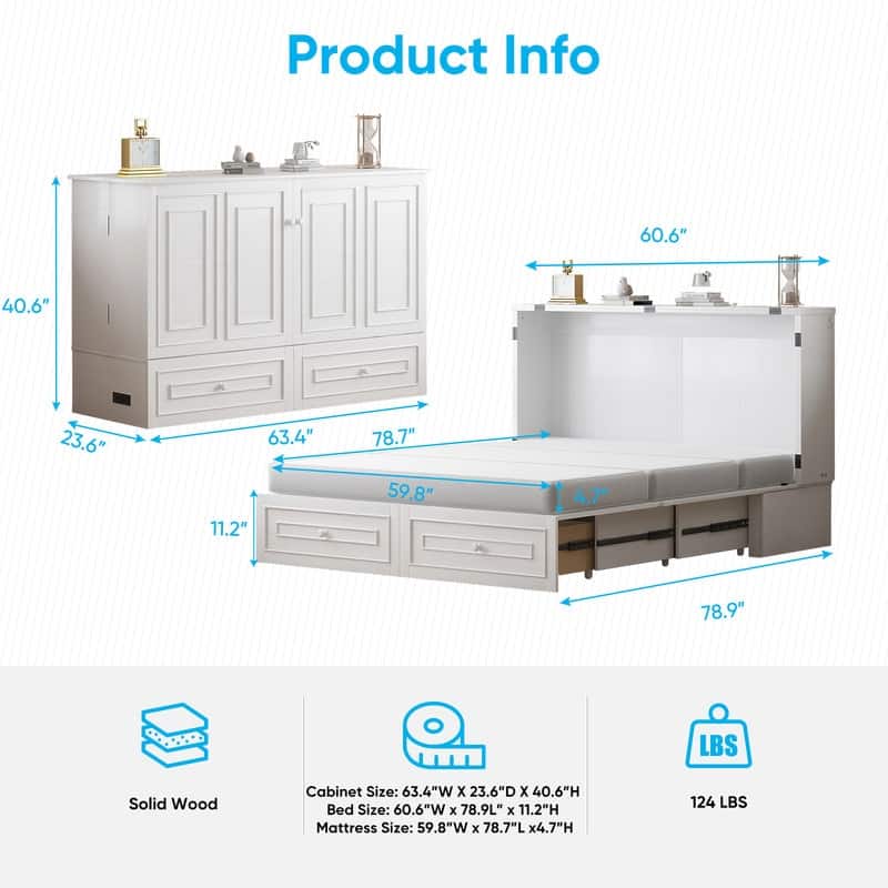 Mixoy Queen Modern Murphy Bed Chest with Mattress and Storage Drawer