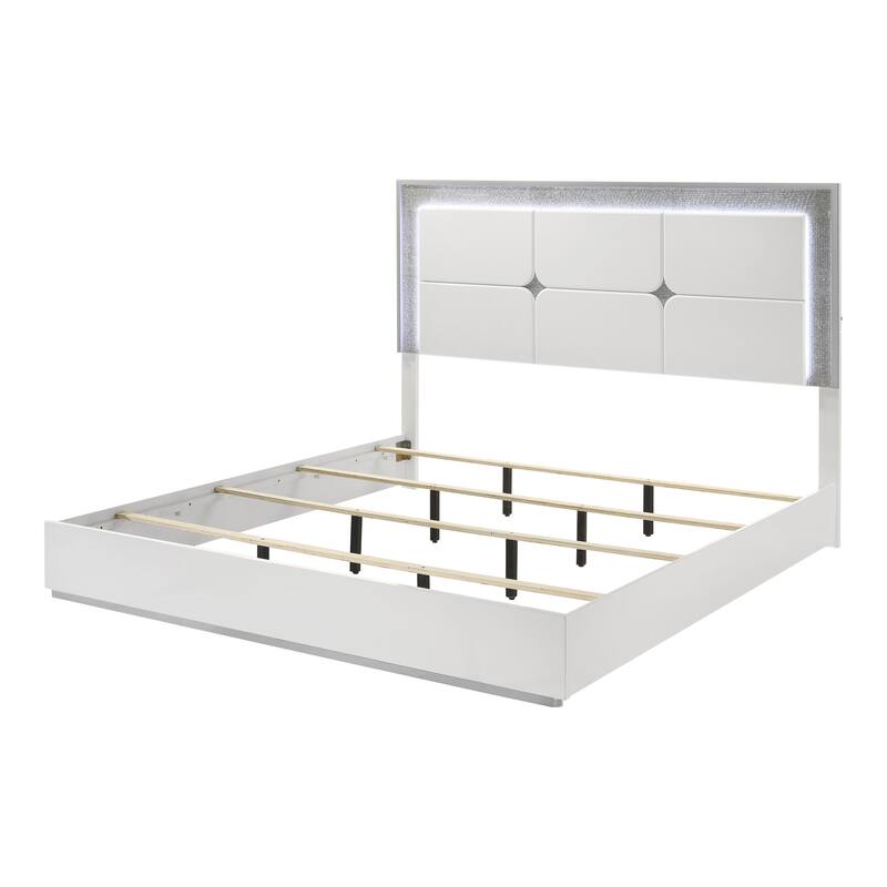 Furniture of America Roon Modern White Wood Panel Bed with LED on Headboard