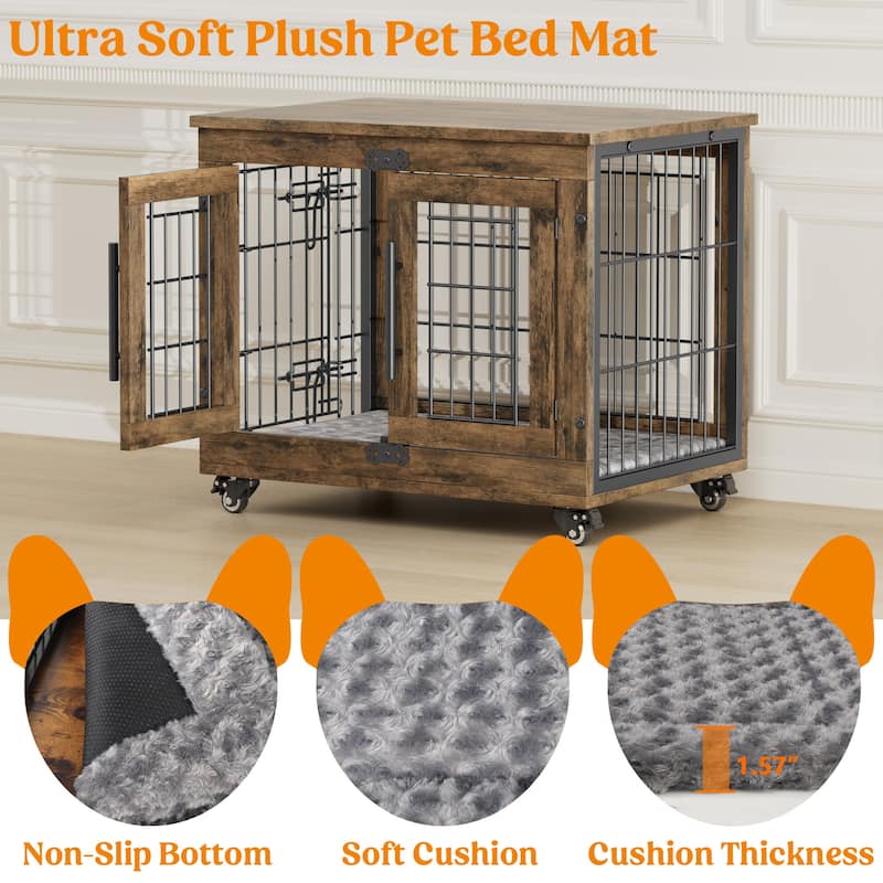 Dog Crate Indoor Heavy Duty Double Doors Wooden Dog Cage with Cushion