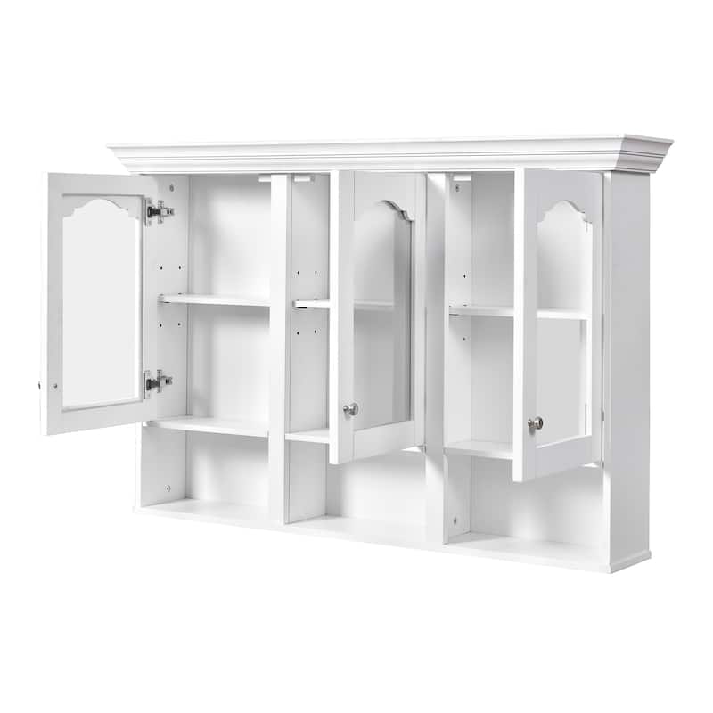 Wall Mounted Bathroom Mirror Cabinet Storage Medicine Cabinet with 3 Open Compartments, Adjustable Shelves and Glass Doors