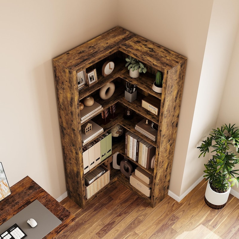 71.8" Tall Corner Bookshelf, 5-Tier L-Shaped Corner Bookcase, Modern Industrial Wood Display Storage Shelves for Living Room