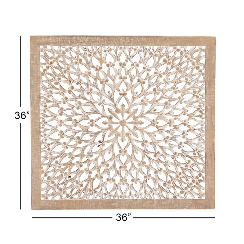 Light Brown Wood Handmade Intricately Carved Floral Home Wall Decor with Mandala Design