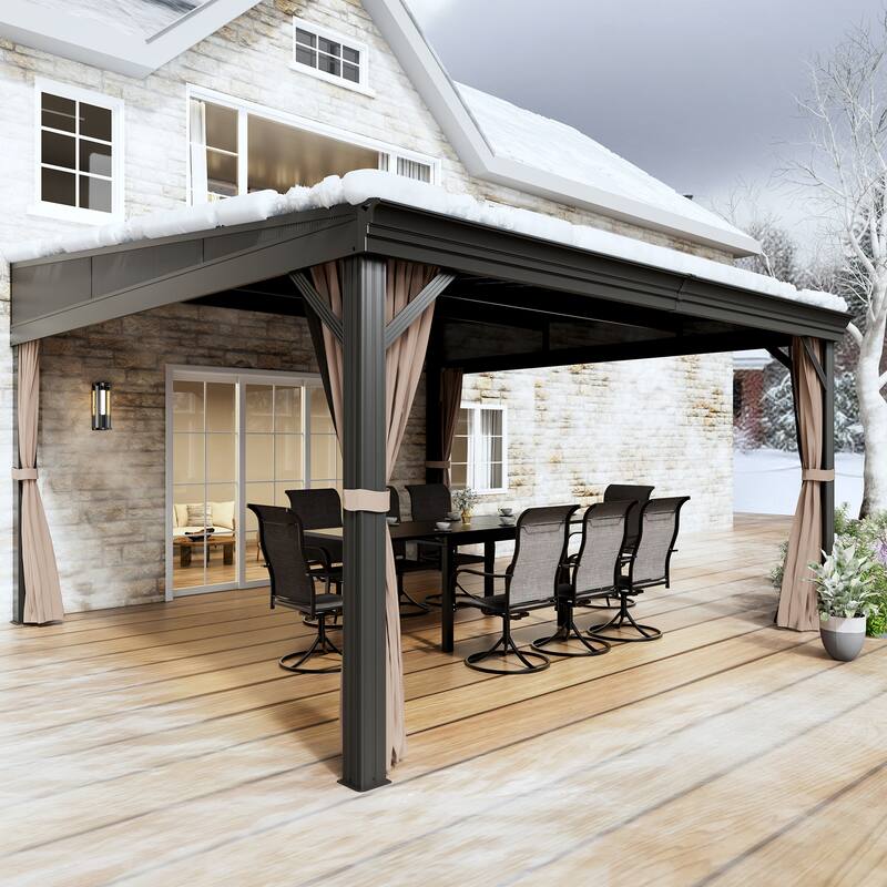 12x14ft Wall-Mounted Aluminum Patio Gazebo with Galvanized Steel Roof