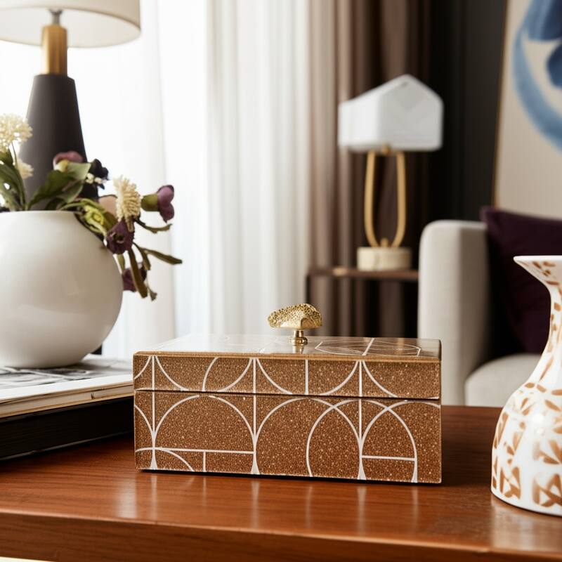 Glass and Wood Glam Decorative Contemporary Box with Stone Accent