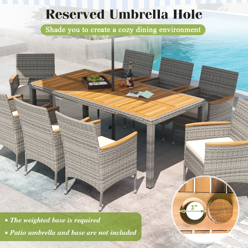 Gymax 9 Pieces Patio PE Wicker Dining Set Outdoor Acacia Wood Table &