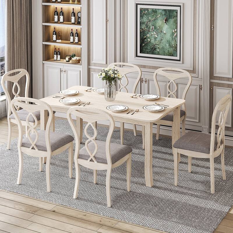 Javlergo Mid-Century Modern Solid Wood Dining Table Set for 4/6, Rectangular Kitchen Table and Chairs, Upholstered Dining Set