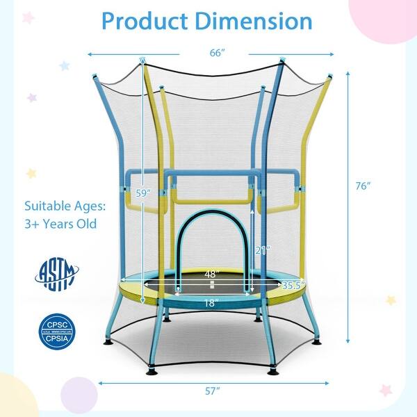 dimension image slide 0 of 2, Mini Trampoline for Kids with Safety Enclosure Net and Foam Handles
