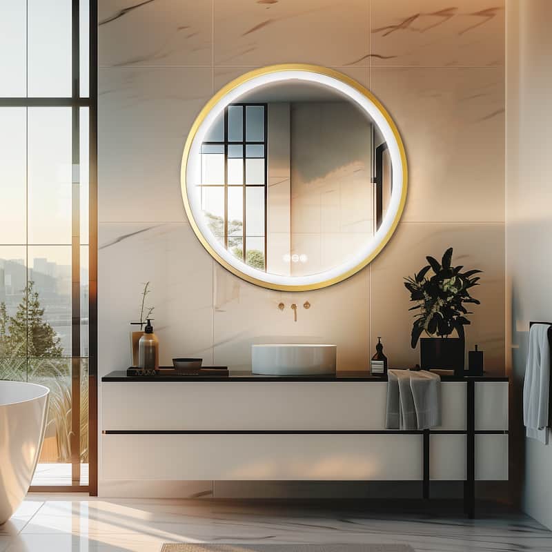 Gold Aluminum Framed Round Bathroom Vanity Mirror Dimmable Illuminated Wall Mirror
