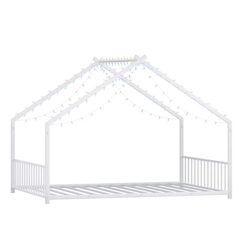Full Size Children'S Bed Frame With Led Light Strips,Roof-Shaped Iron Frame Bed